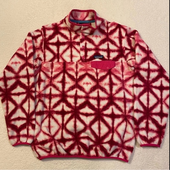 Patagonia Jacket Womens Pink Tie Dye Snap Sweater Synchilla Fleece Aztec Sz Lg - Picture 1 of 5